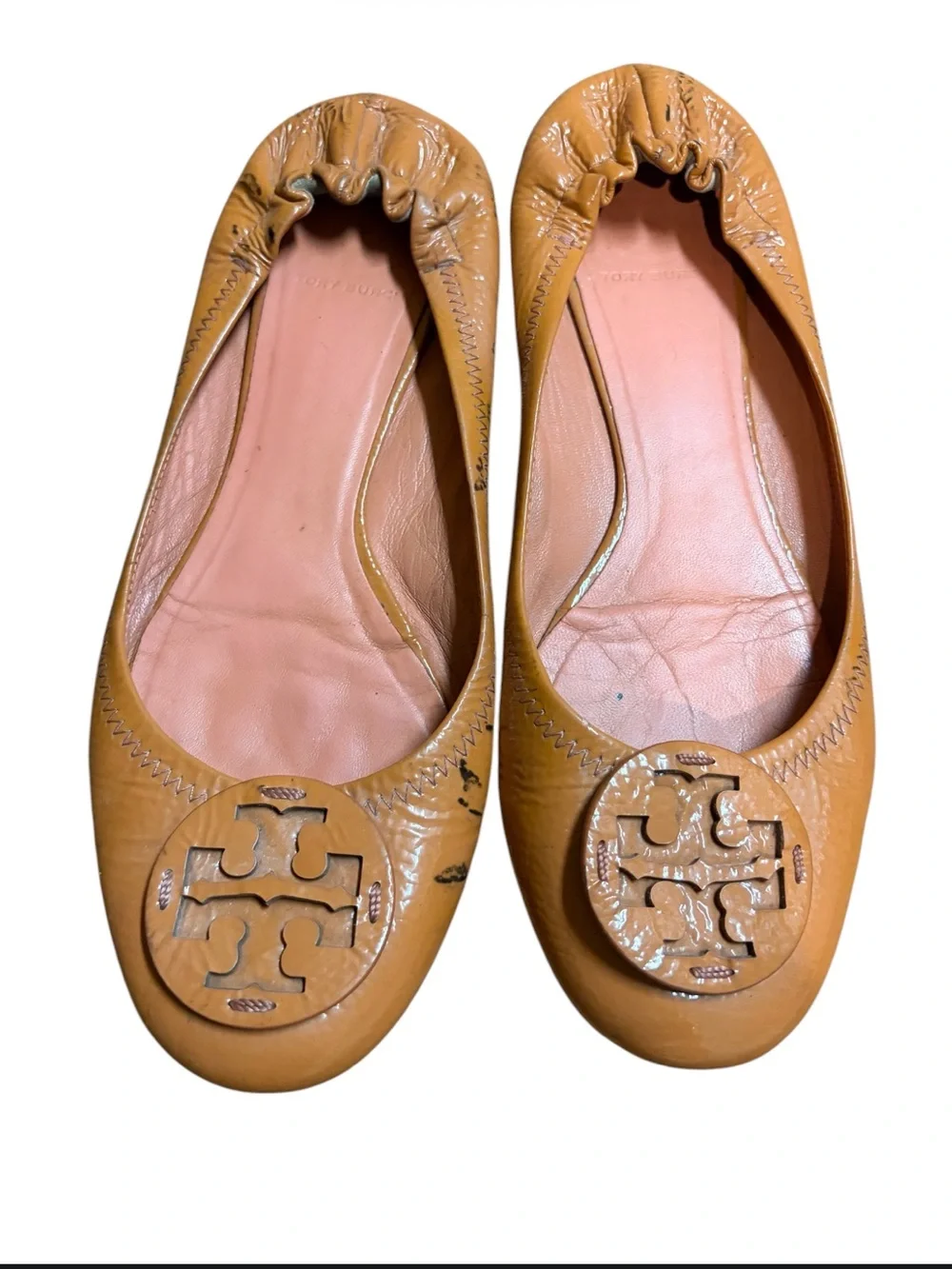 Tory Burch Caramel Leather Logo Ballet Flats